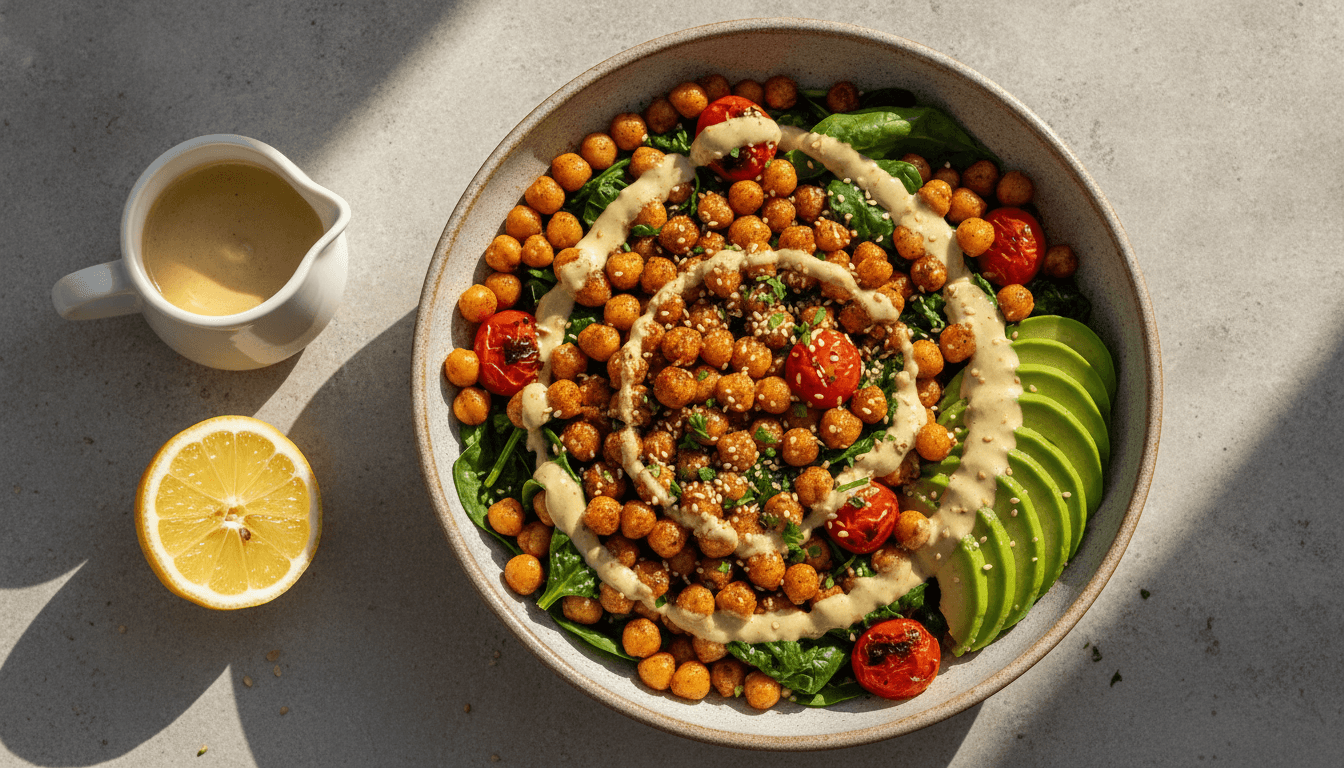 Herzhafte Frühstücksbowl mit gerösteten Kichererbsen, Spinat, Kirschtomaten, Avocadospalten und Tahini-Sauce in heller Keramikschale